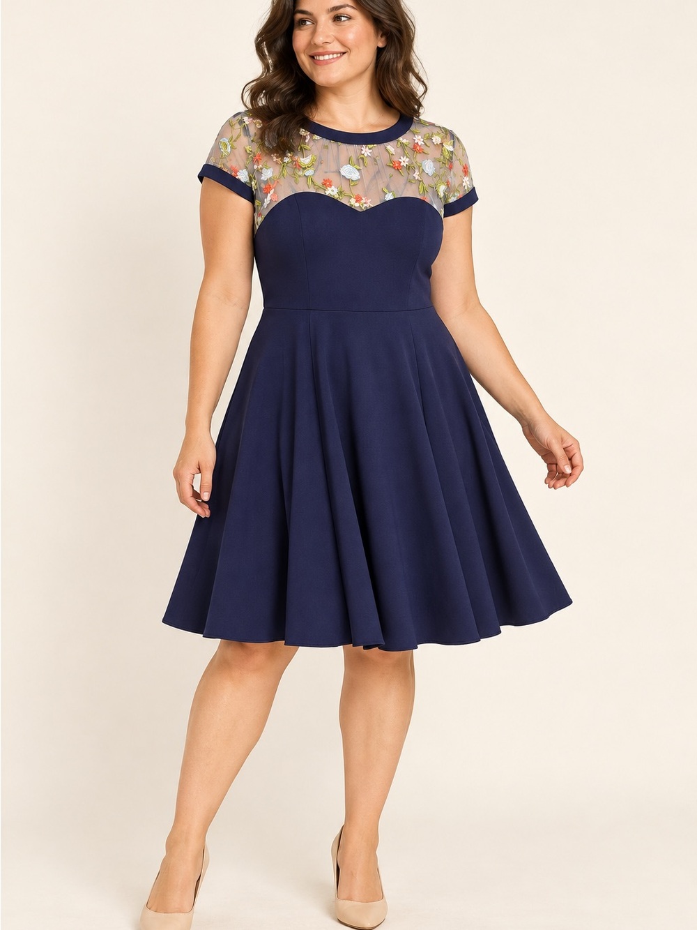 ModCloth Navy Fit-and-Flare Dress with Floral Embroidered Mesh Yoke